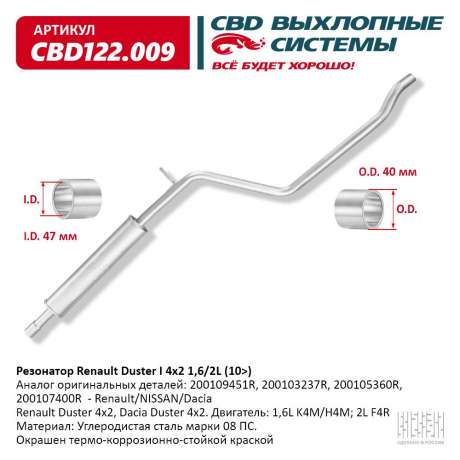 Резонатор Renault Duster I 4×2 1,6/2L (10>)