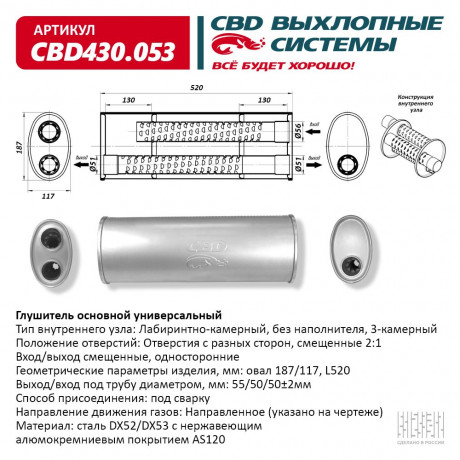 Глушитель основной универсальный (Овал 187/117) CBD430.053. Нержавеющий