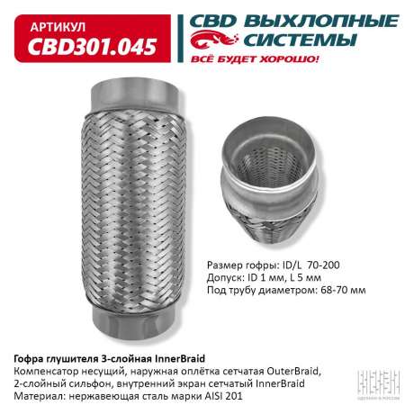 Гофра глушителя 3-слойная InnerBraid 70×200